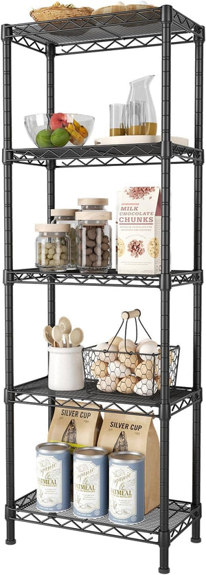 5 Tier Shelf Wire Shelving Adjustable Storage Shelves Rack Standing Units for Kitchen Closet Laundry Bathroom Organizers Metal Pantry Narrow Mesh Gaps 10" D X 16" W X 55" H Black