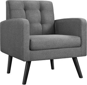Modern Living Room Chair, Mid-Century Armchair Button Tufted Back and Wood Legs, Vintage Lounge Chair for Bedroom/Home Office/Study, Gray
