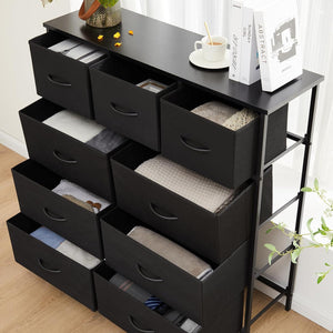Dresser for Bedroom, Storage Organizer with 9 Drawers, Chest of Drawers with Fabric Bins, Sturdy Metal Frame, Wood Tabletop for Guest Room, Closet, Entryway, Nursery
