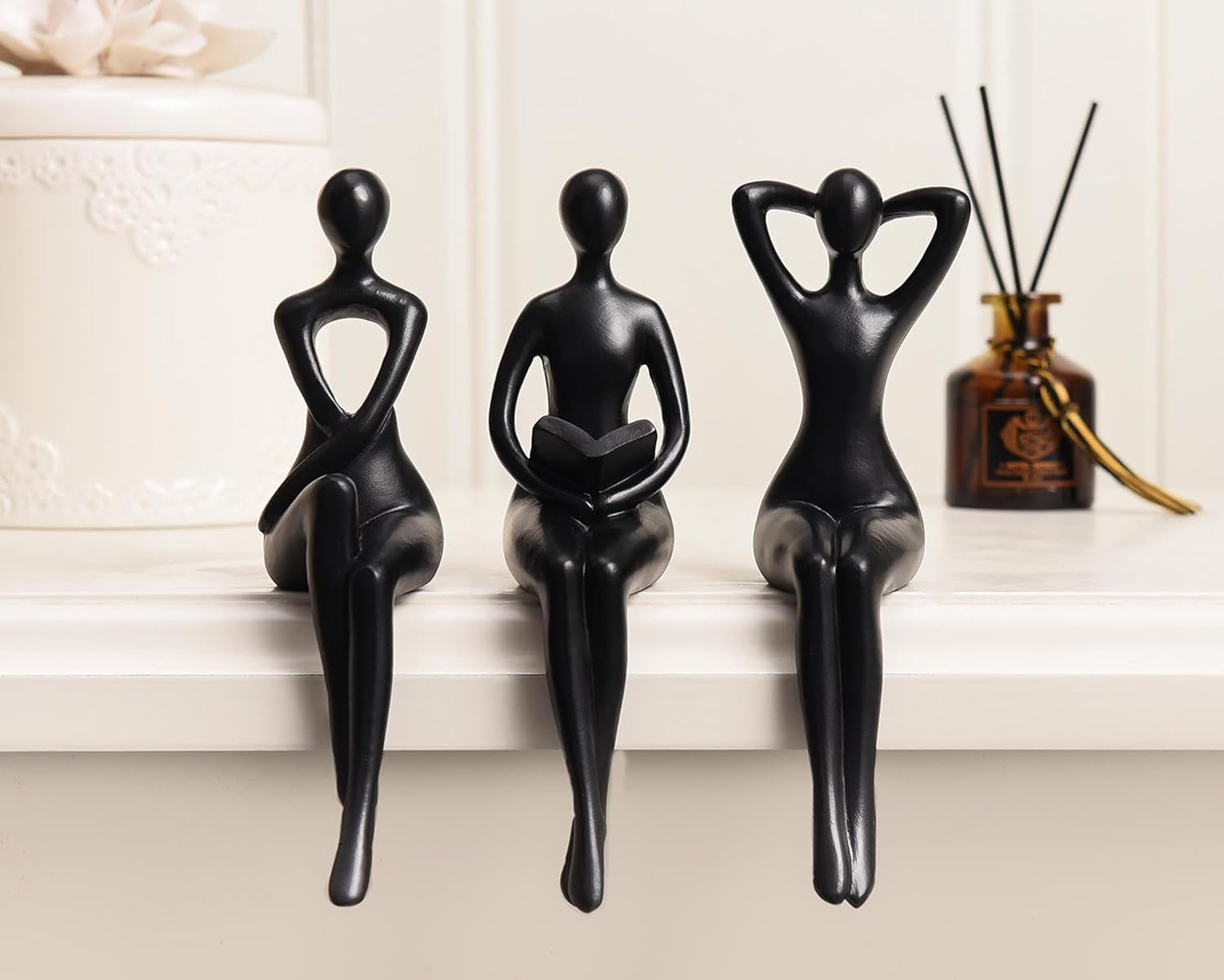 Black Decor Thinker Statue Book Shelf Decor, Minimalist Modern Home Decor Collectable Figurines Office Decor Desk Decor Unique Coffee Table Decorations for Living Room 3 Piece