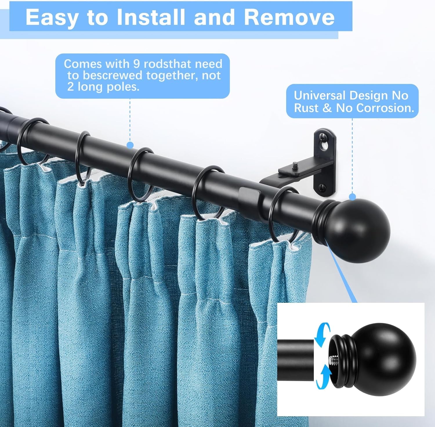 Curtain Rods for Windows 16 to 136 Inches, Curtain Rod Max Adjustable Length of 144 IN, 6/8" Diameter Drapery Rods round Finials, Black