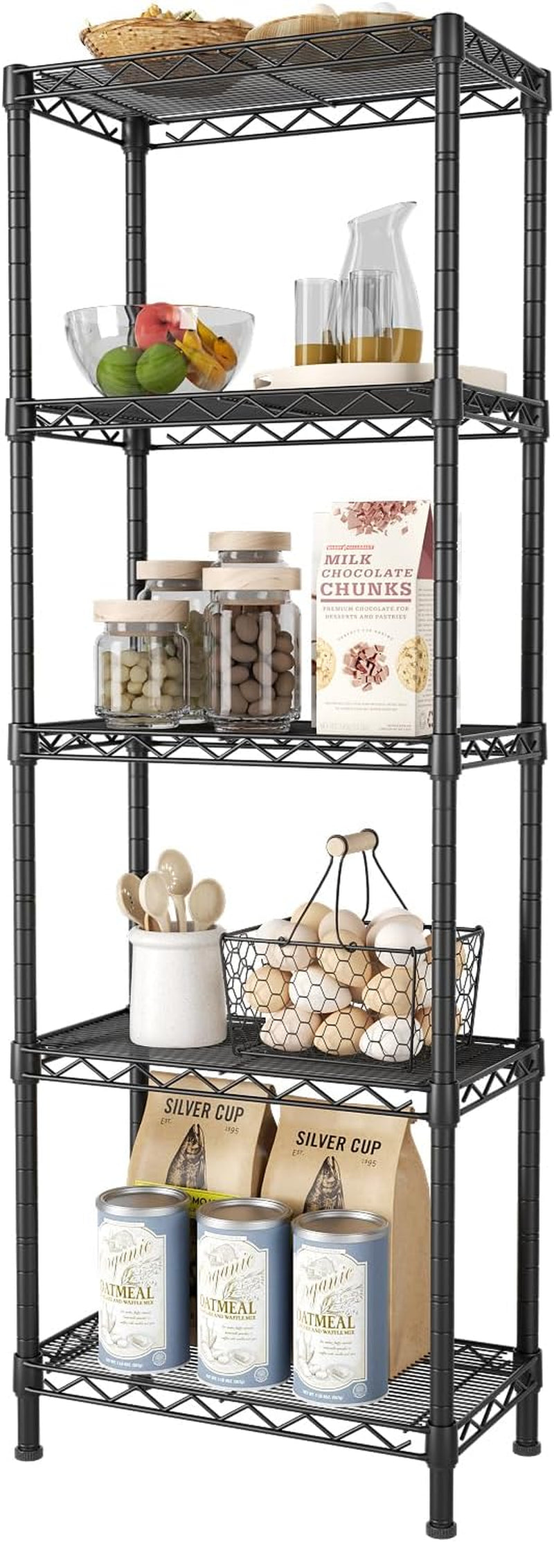 5 Tier Shelf Wire Shelving Adjustable Storage Shelves Rack Standing Units for Kitchen Closet Laundry Bathroom Organizers Metal Pantry Narrow Mesh Gaps 10" D X 16" W X 55" H Black