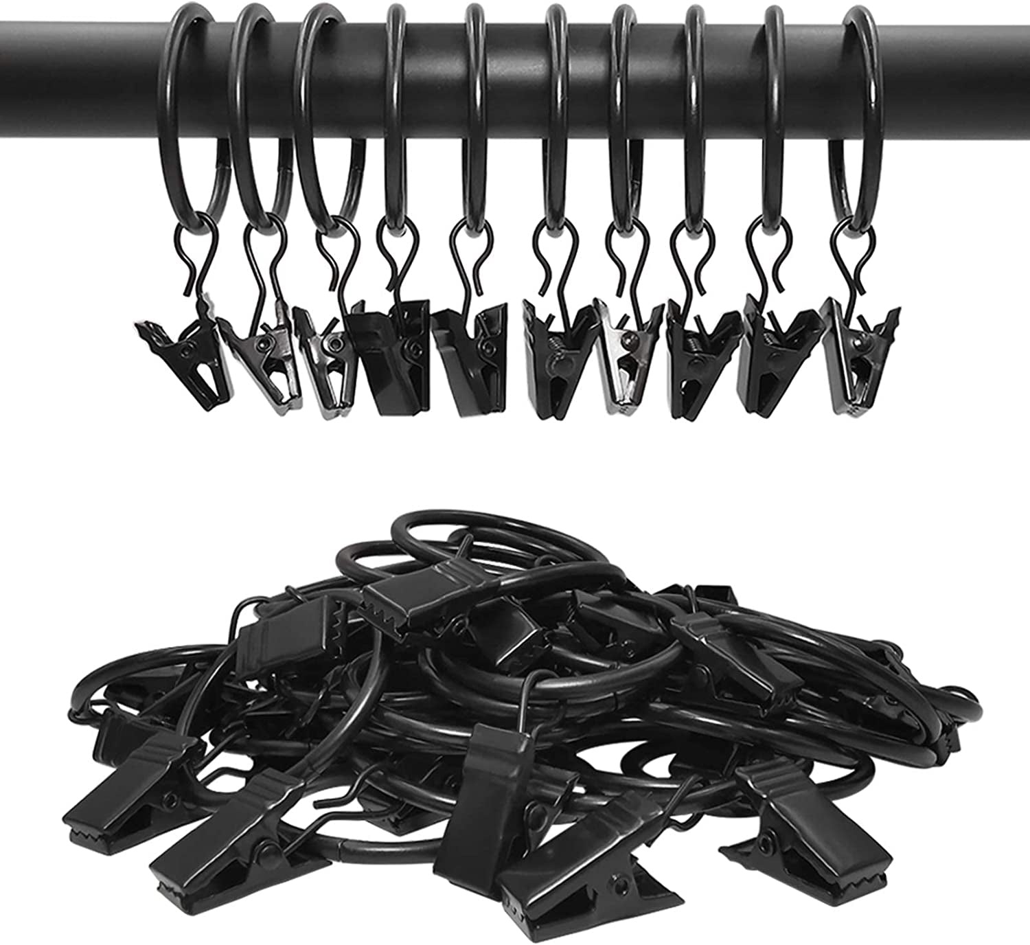 40 Pack Curtain Rings with Clips, Drapery Clips with Rings, Drapes Rings 1.26 in Interior Diameter, Fits up to 1 in Curtain Rod, Black