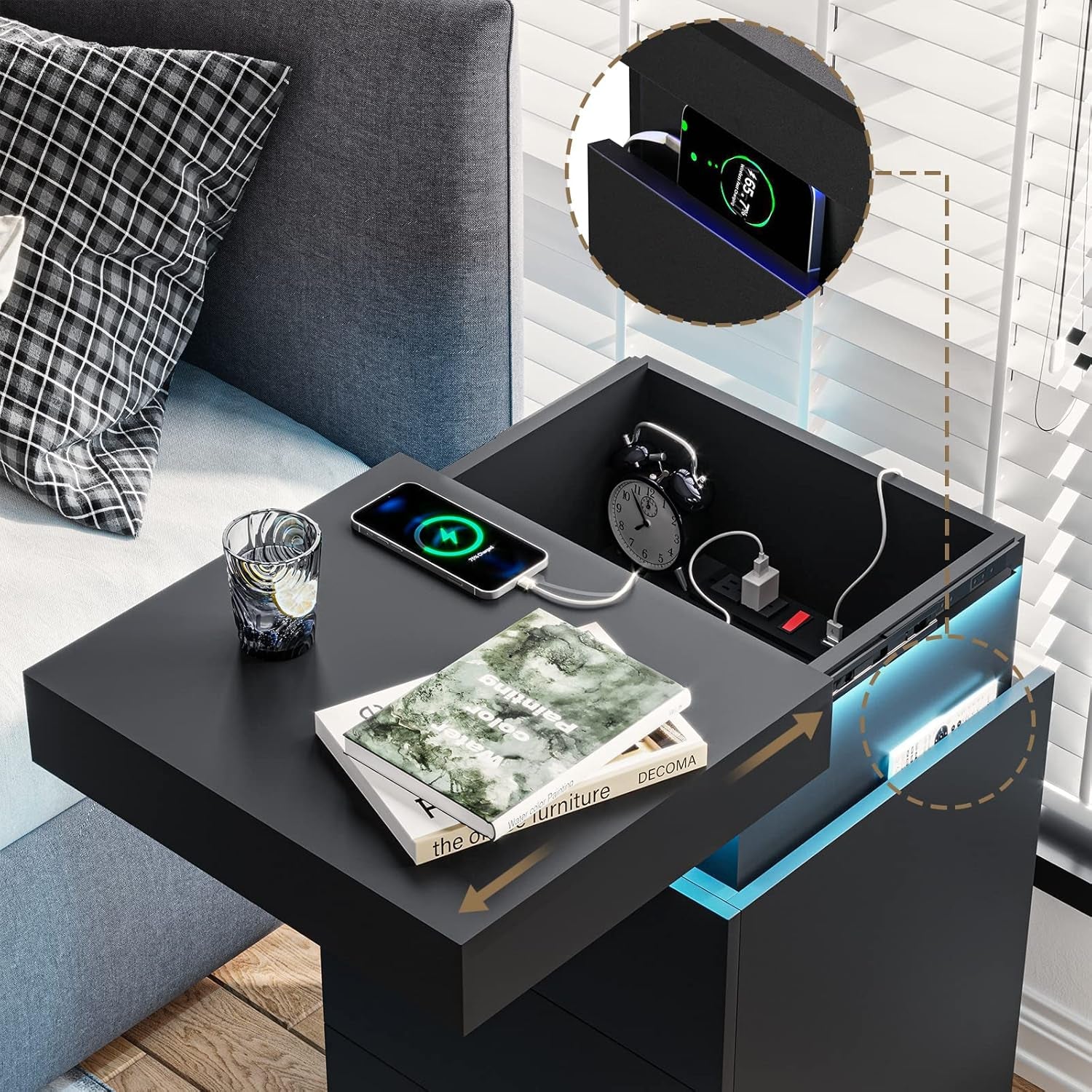 Nightstand with Charging Station and LED Lights,Night Stand with Sliding Top,Bedside Table with Drawers,Modern End Side Table for Bedroom,Black