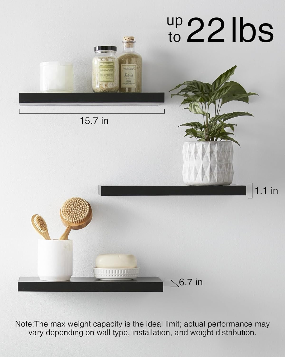 Floating Shelves for Wall, Wall Mounted Rustic Wood Shelves for Bathroom, Bedroom, Living Room, Kitchen, Hanging Shelf for Books/Storage/Room Decor with 22Lbs Capacity (Black, Set of 3, 15.7In)