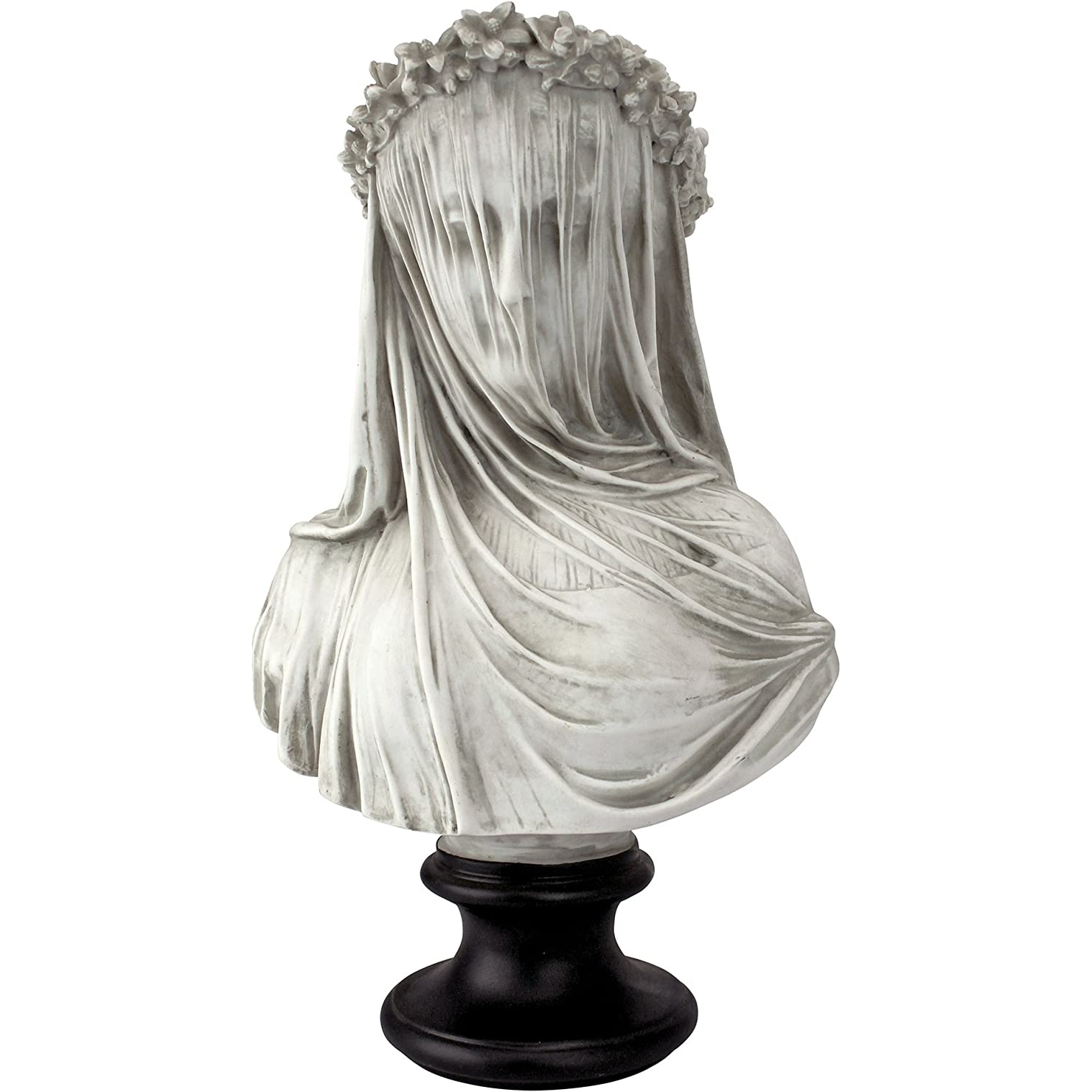 Veiled Maiden Indoor Bust Statue, 9 Inch Wide, 14 Inch Tall, Cast Stone Resin, Antiqued White Finish with a Black Painted Base