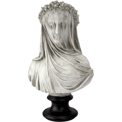 Veiled Maiden Indoor Bust Statue, 9 Inch Wide, 14 Inch Tall, Cast Stone Resin, Antiqued White Finish with a Black Painted Base