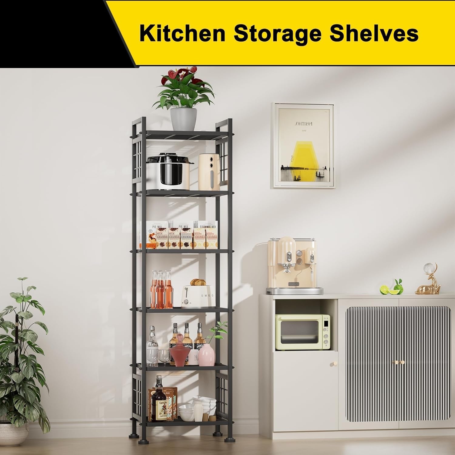 6-Wire Standing Storage Shelf, Metal Shelving Unit Pantry Rack for Laundry Kitchen Bathroom Organizer(Black)