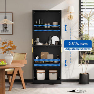 Kitchen Pantry Cabinet, 71" Tall Wood Storage Cabinet with Doors and Shelves 4 Doors Freestanding Cupboard Utility Hutch for Dining Room Living Room Bathroom Furniture, Black