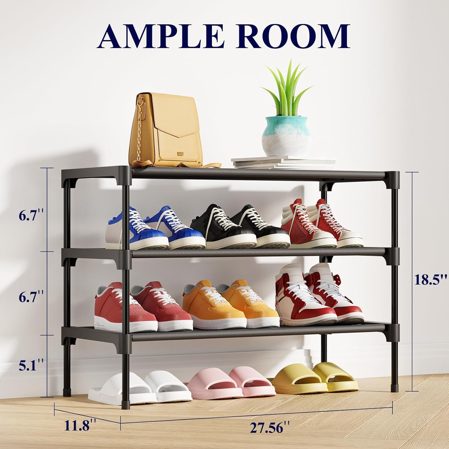 Shoe Rack - Premium Non-Woven Shoe Rack Shelf, Shoe Organizer for Closet, Entryway, Garage & Corridor, Sturdy & Durable Long Stackable Shoe Shelves, Medium, Black