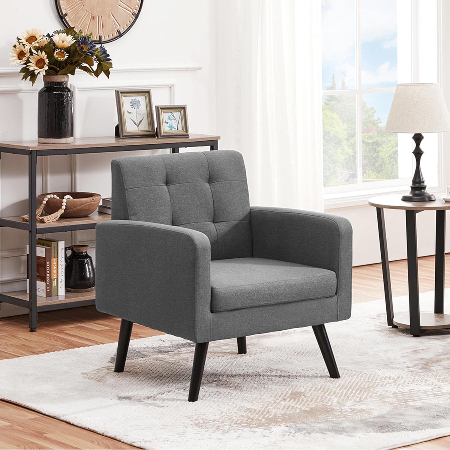 Modern Living Room Chair, Mid-Century Armchair Button Tufted Back and Wood Legs, Vintage Lounge Chair for Bedroom/Home Office/Study, Gray