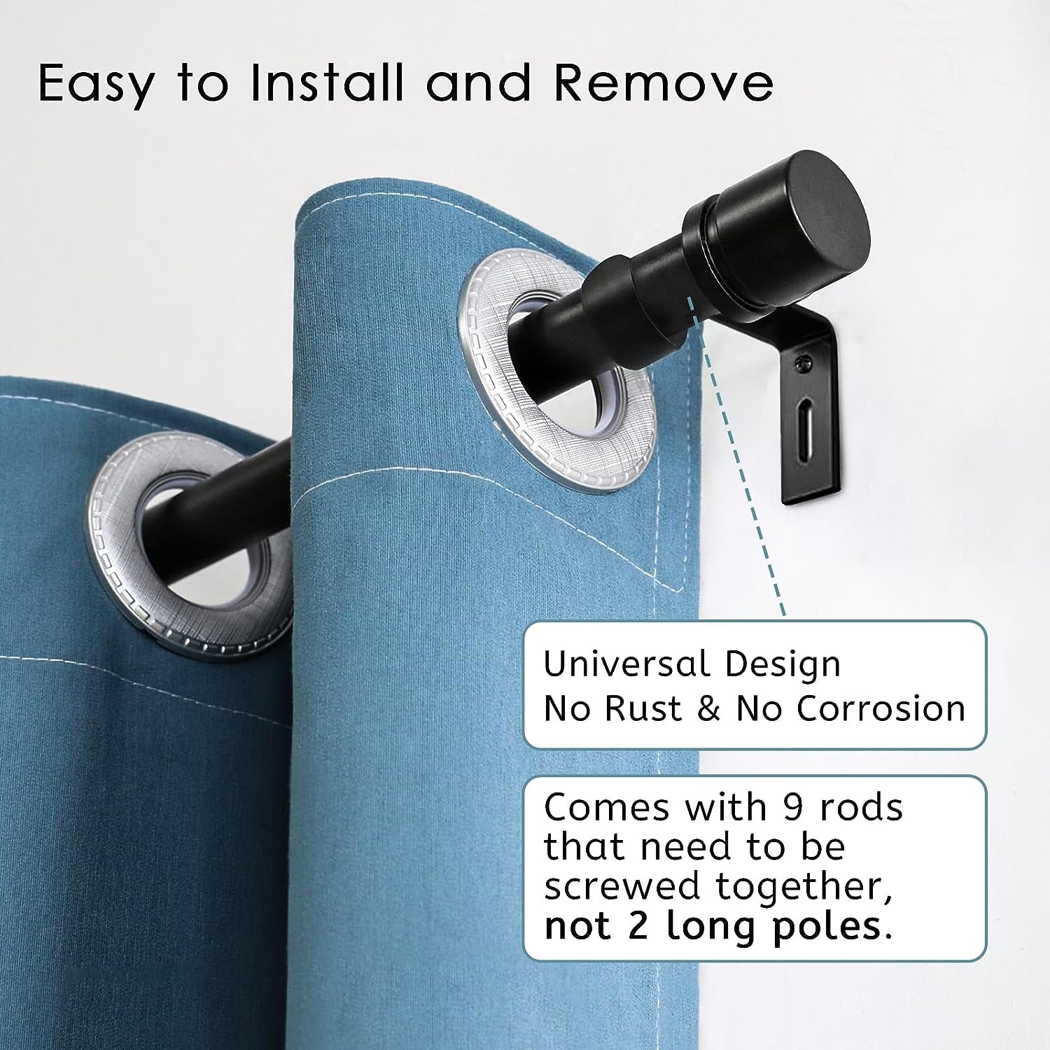 Curtain Rods for Windows 16 to 144 Inches Adjustable Length 1 Inch Diameter Window Curtain Rod with Aluminium Finials, Black