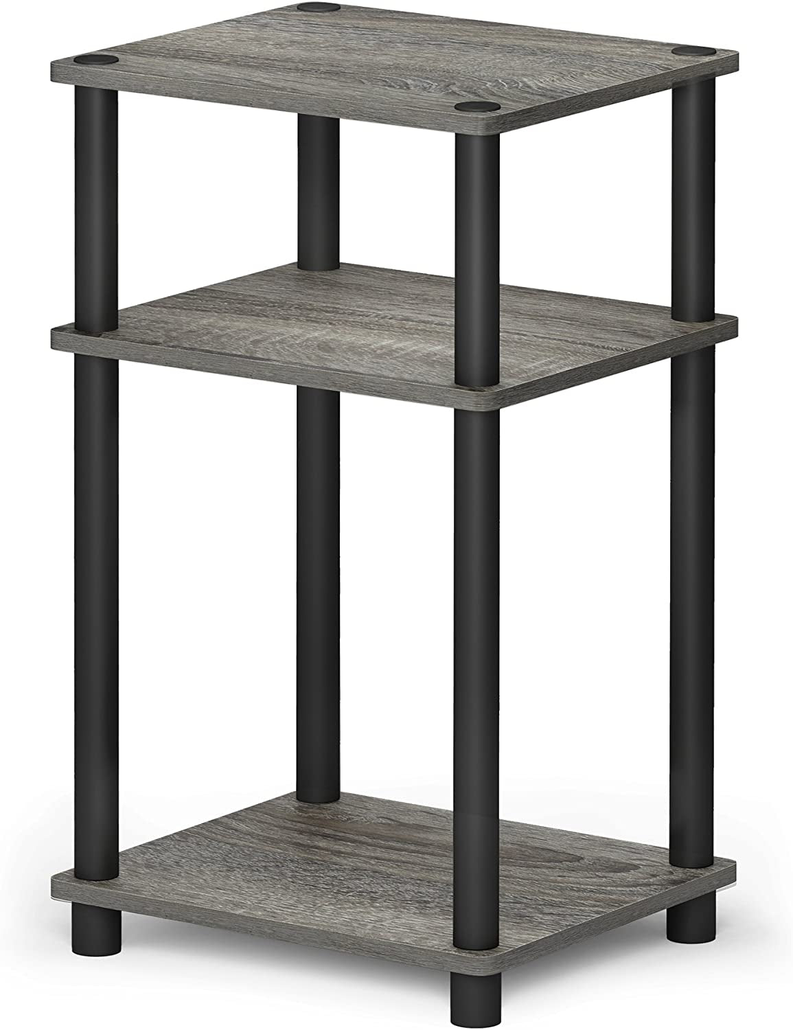 Just 3-Tier Turn-N-Tube End Table / Side Table / Night Stand / Bedside Table with Plastic Poles, 1-Pack, French Oak Grey/Black