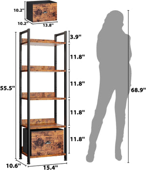 5 Tier Bookshelf with Drawer, Tall Narrow Bookcase with Shelves, Wood and Metal Bookshelves Storage Organizer, Industrial Display Standing Shelf Unit for Bedroom, Living Room, Rustic Brown