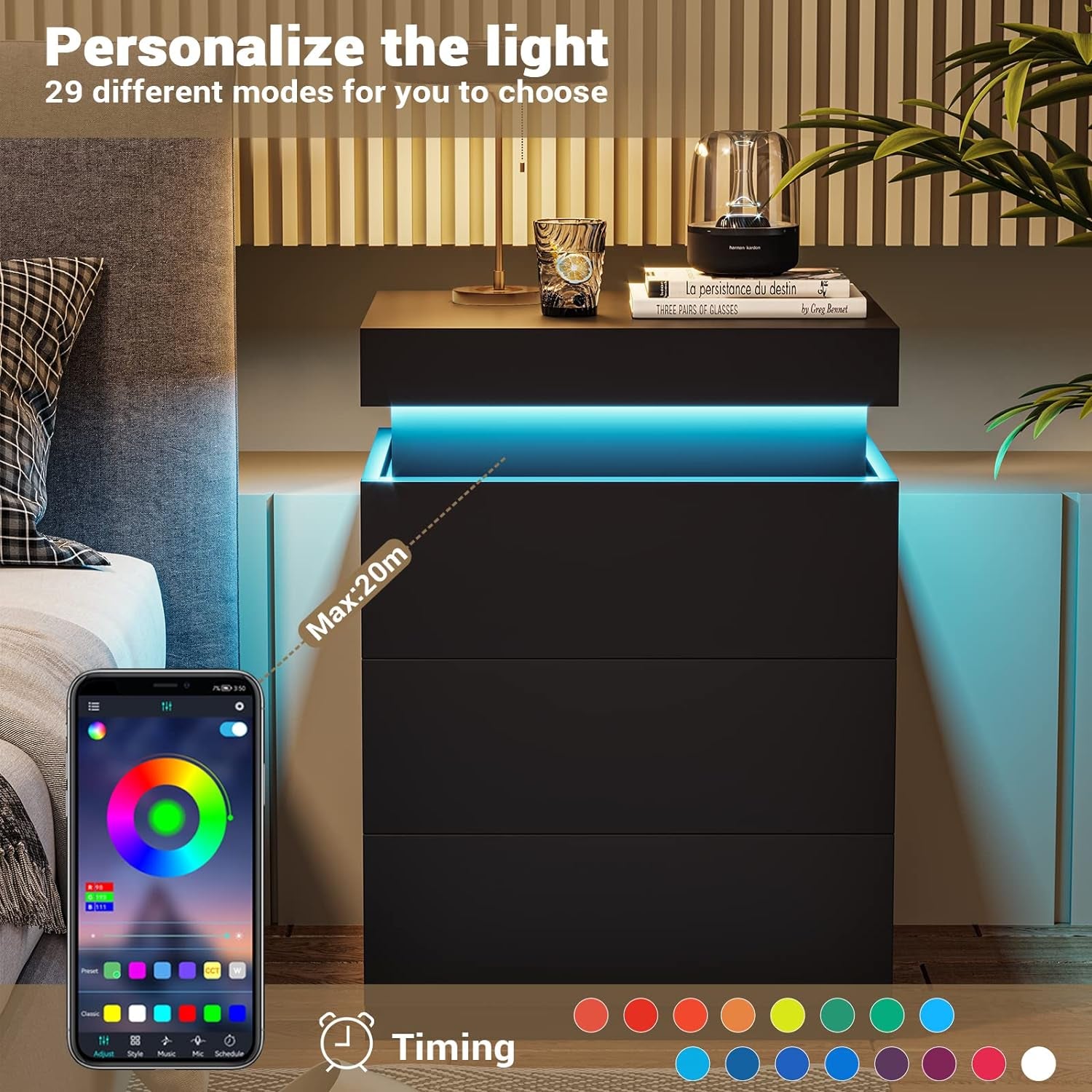 Nightstand with Charging Station and LED Lights,Night Stand with Sliding Top,Bedside Table with Drawers,Modern End Side Table for Bedroom,Black