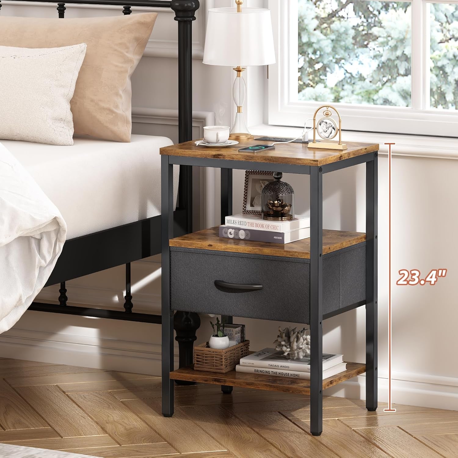 Nightstand with Charging Station, Bed Side Table with Adjustable Fabric Drawer, Night Stand for Bedroom, 3-Tier Storage End Table, for Living Room, Rustic Brown and Black