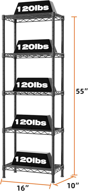 5 Tier Shelf Wire Shelving Adjustable Storage Shelves Rack Standing Units for Kitchen Closet Laundry Bathroom Organizers Metal Pantry Narrow Mesh Gaps 10" D X 16" W X 55" H Black