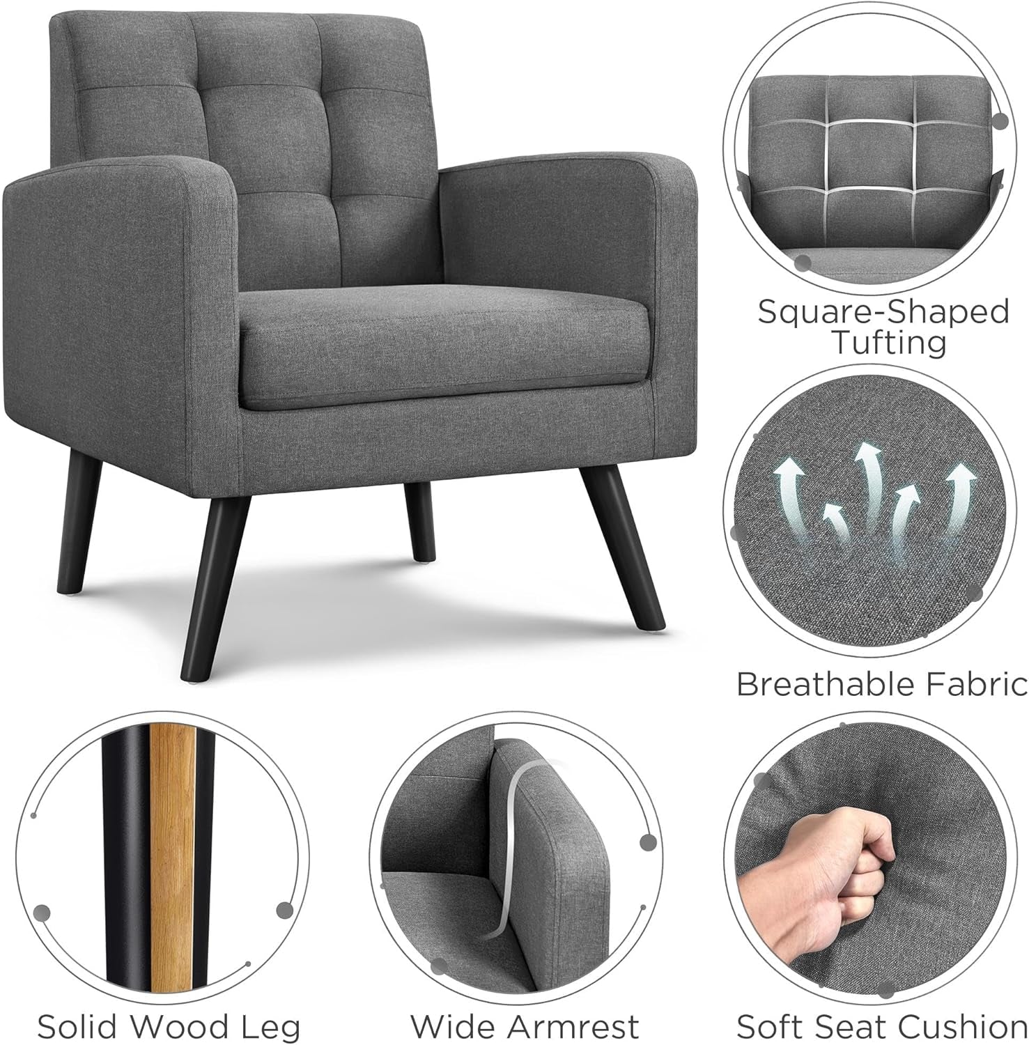 Modern Living Room Chair, Mid-Century Armchair Button Tufted Back and Wood Legs, Vintage Lounge Chair for Bedroom/Home Office/Study, Gray
