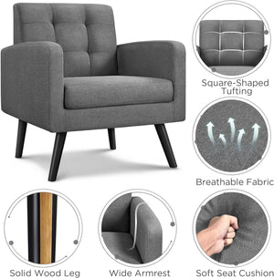 Modern Living Room Chair, Mid-Century Armchair Button Tufted Back and Wood Legs, Vintage Lounge Chair for Bedroom/Home Office/Study, Gray