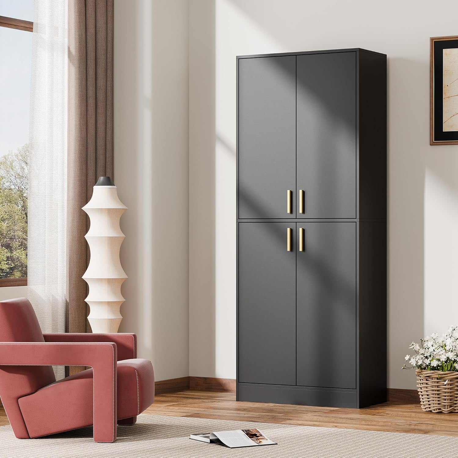 Kitchen Pantry Cabinet, 71" Tall Wood Storage Cabinet with Doors and Shelves 4 Doors Freestanding Cupboard Utility Hutch for Dining Room Living Room Bathroom Furniture, Black