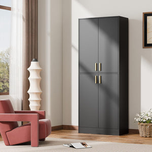 Kitchen Pantry Cabinet, 71" Tall Wood Storage Cabinet with Doors and Shelves 4 Doors Freestanding Cupboard Utility Hutch for Dining Room Living Room Bathroom Furniture, Black