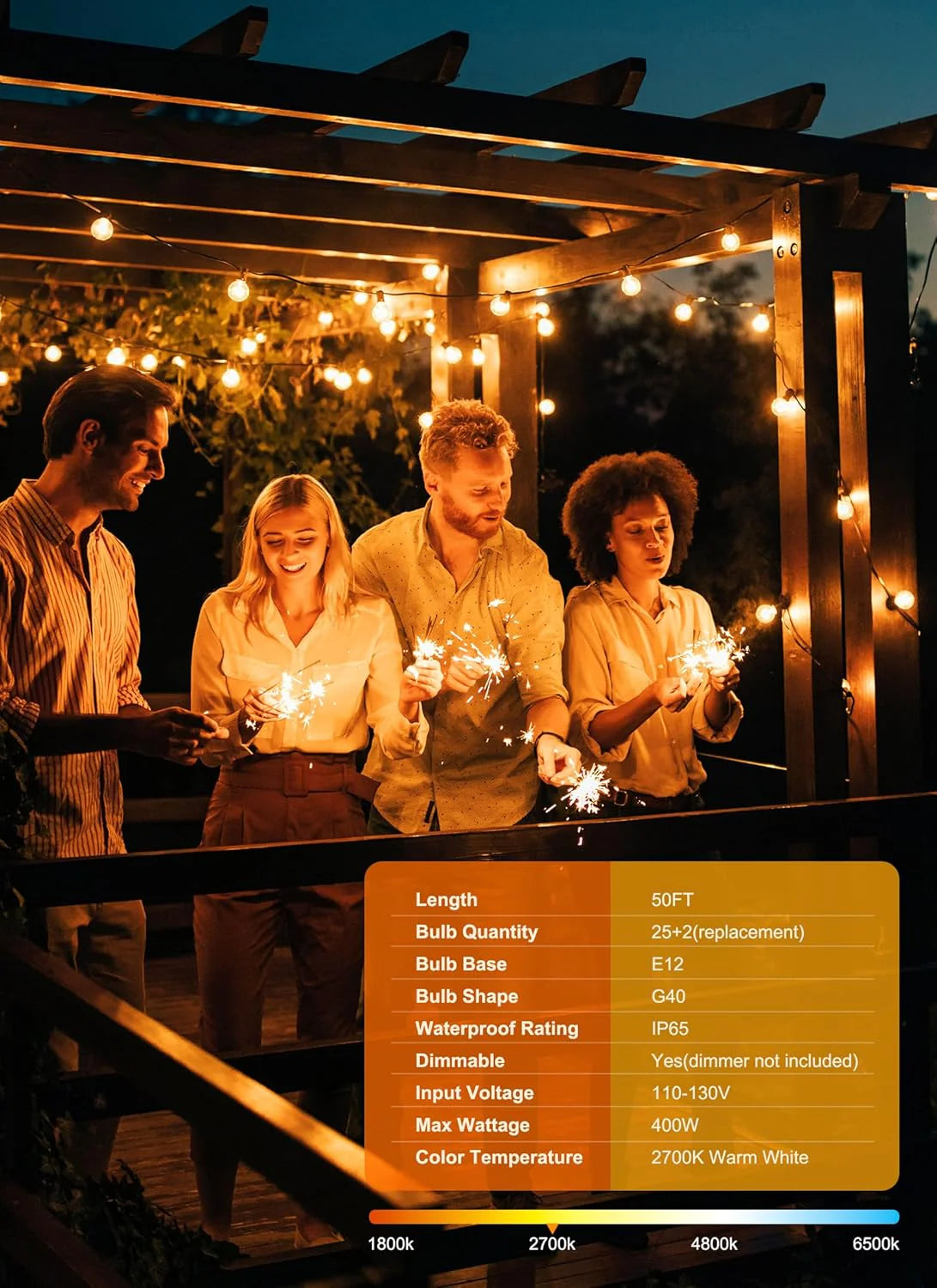 Guirnalda de luces LED para exteriores de 15 m (50 pies) con bombillas G40 regulables, impermeables y conectables.