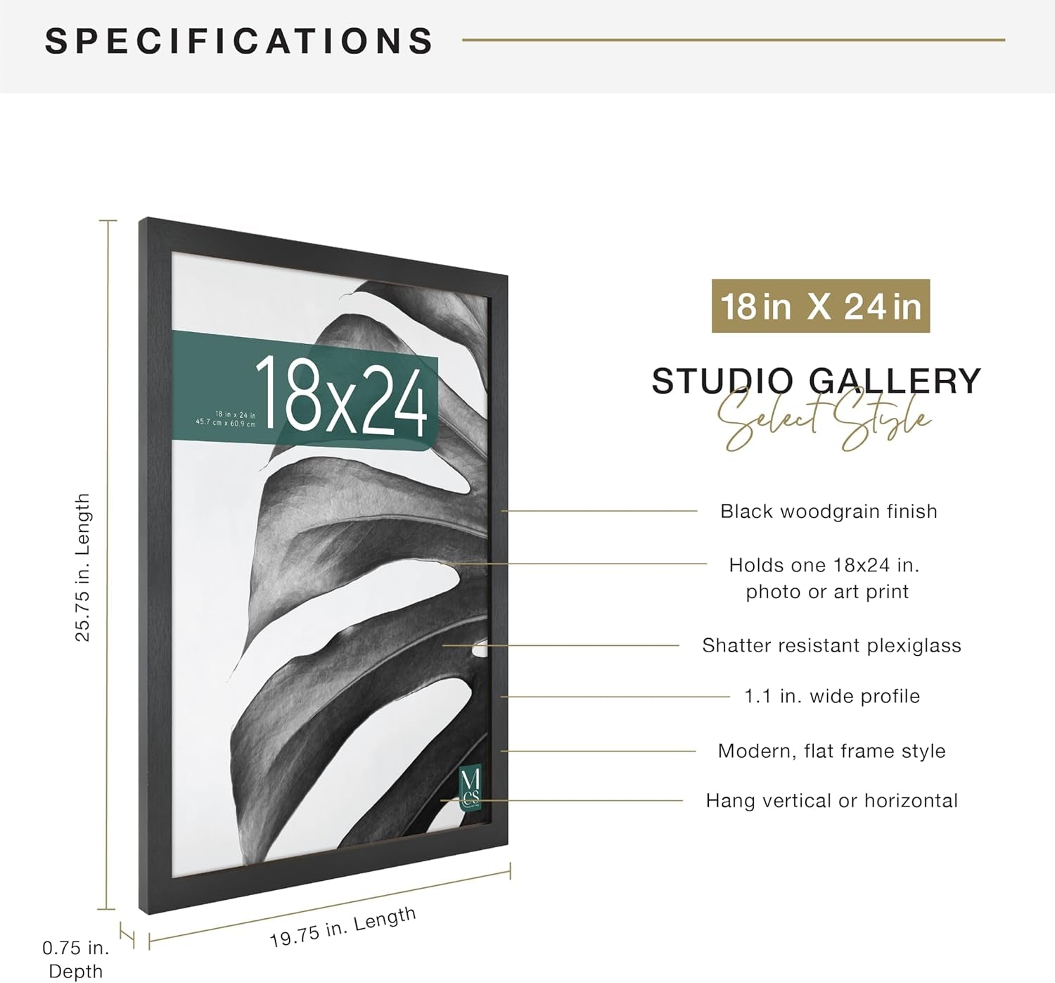 Studio Gallery 18X24 Poster Frame Black Woodgrain, Vertical & Horizontal Wall Hanging Large Picture Frame for Photos, Posters & Art Prints (1-Pack)