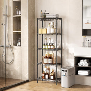 5 Tier Shelf Wire Shelving Adjustable Storage Shelves Rack Standing Units for Kitchen Closet Laundry Bathroom Organizers Metal Pantry Narrow Mesh Gaps 10" D X 16" W X 55" H Black