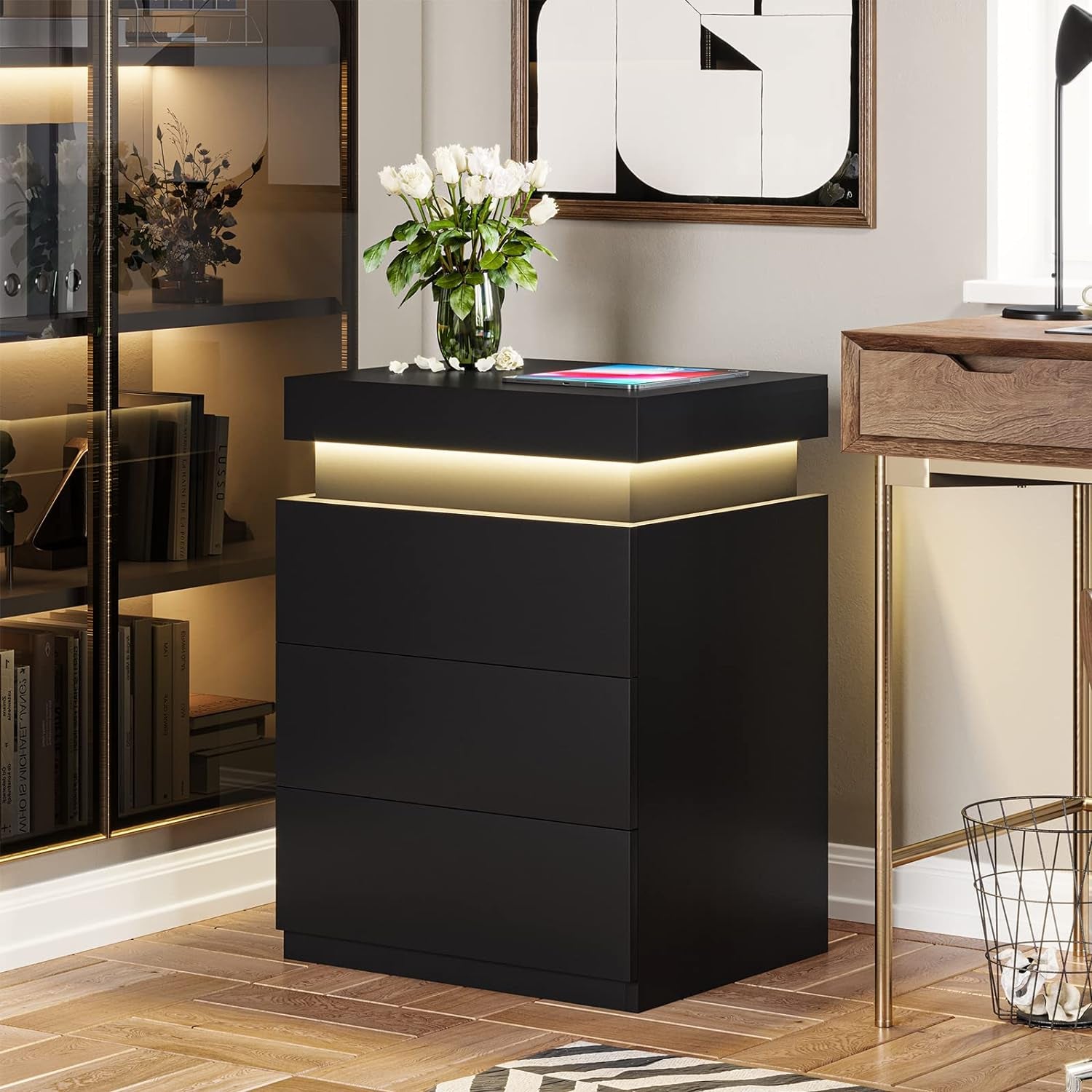 Nightstand with Charging Station and LED Lights,Night Stand with Sliding Top,Bedside Table with Drawers,Modern End Side Table for Bedroom,Black