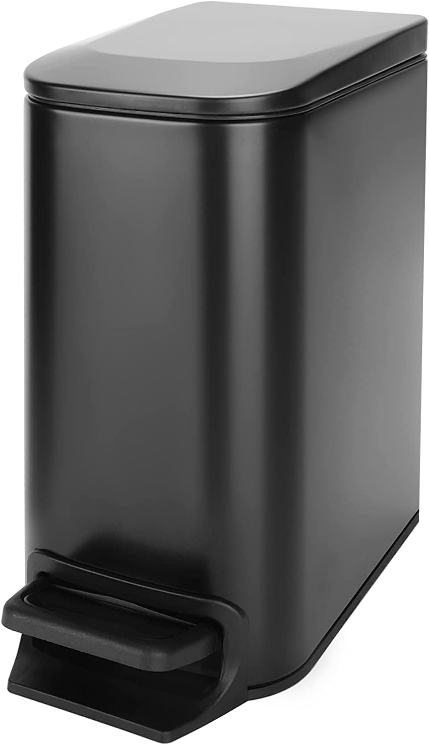 Small Bathroom Trash Can with Lid Soft Close, Step Pedal, 6 Liter / 1.6 Gallon Stainless Steel Garbage Can with Removable Inner Bucket, Anti-Fingerprint Finish (Matt Black)