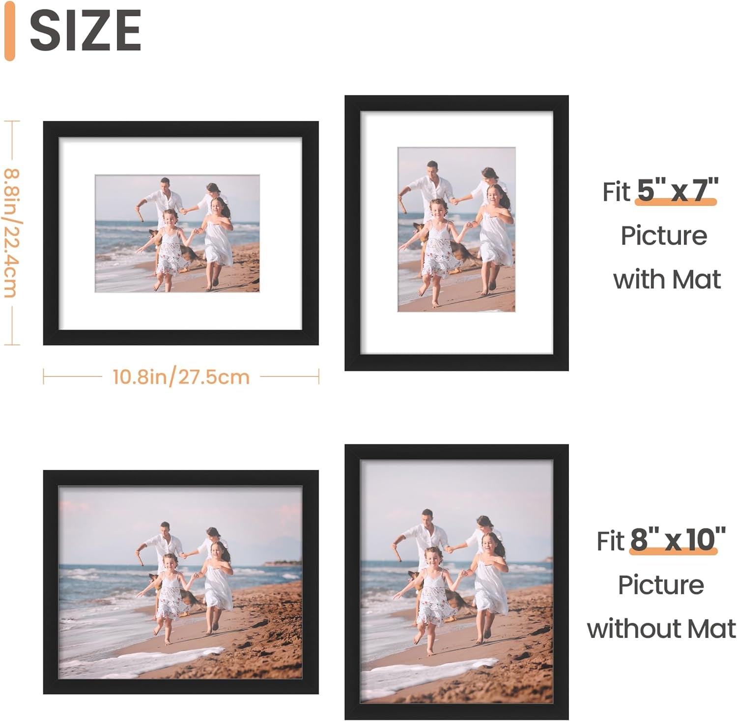8X10 Picture Frame Set of 5, Display Pictures 5X7 with Mat or 8 X 10 Without, Wall Gallery Photo Frames, Black