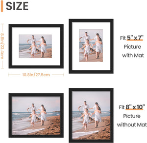 8X10 Picture Frame Set of 5, Display Pictures 5X7 with Mat or 8 X 10 Without, Wall Gallery Photo Frames, Black