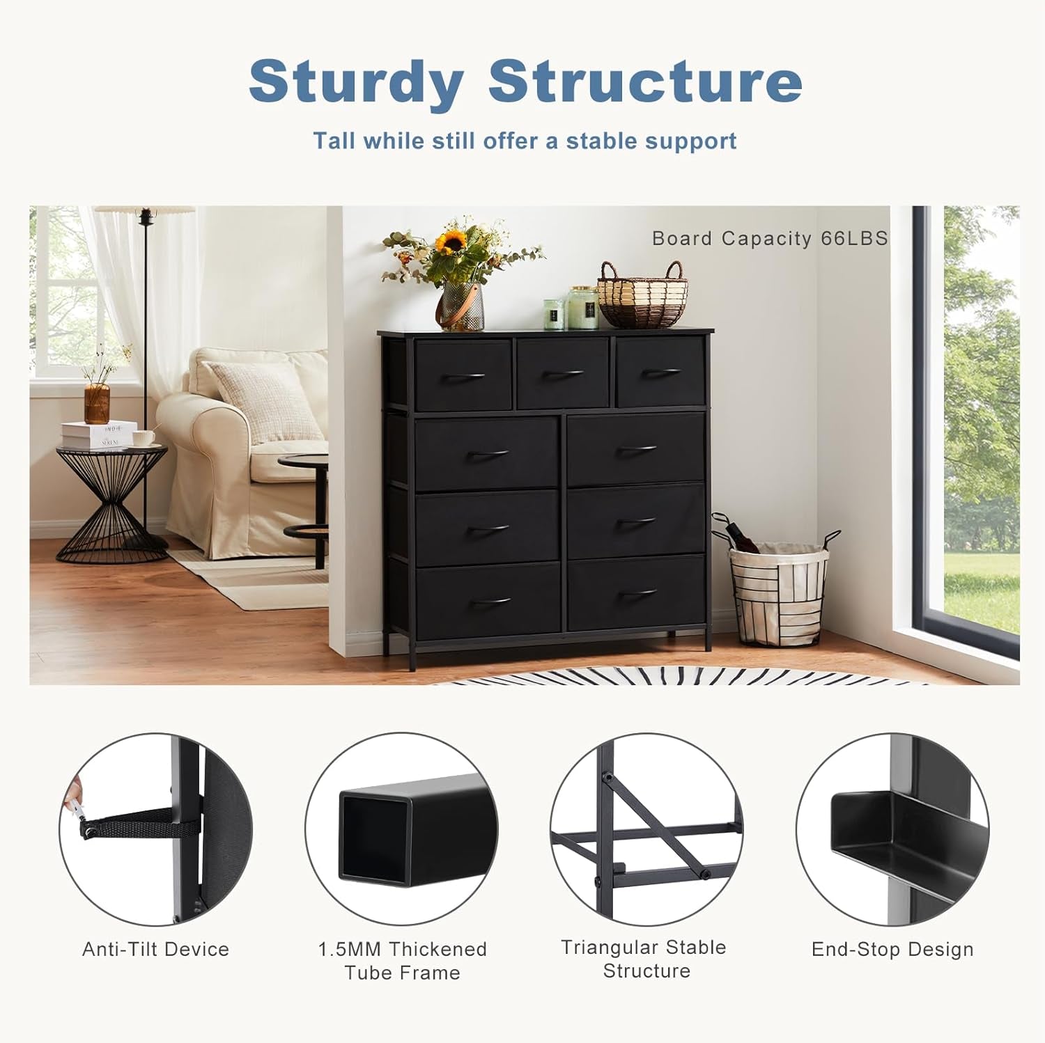 Dresser for Bedroom, Storage Organizer with 9 Drawers, Chest of Drawers with Fabric Bins, Sturdy Metal Frame, Wood Tabletop for Guest Room, Closet, Entryway, Nursery