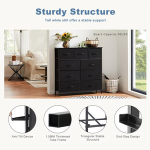 Dresser for Bedroom, Storage Organizer with 9 Drawers, Chest of Drawers with Fabric Bins, Sturdy Metal Frame, Wood Tabletop for Guest Room, Closet, Entryway, Nursery
