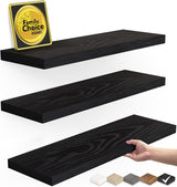 Floating Shelves for Wall, Wall Mounted Rustic Wood Shelves for Bathroom, Bedroom, Living Room, Kitchen, Hanging Shelf for Books/Storage/Room Decor with 22Lbs Capacity (Black, Set of 3, 15.7In)