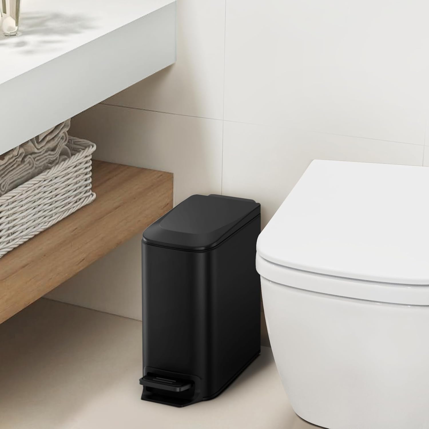 Small Bathroom Trash Can with Lid Soft Close, Step Pedal, 6 Liter / 1.6 Gallon Stainless Steel Garbage Can with Removable Inner Bucket, Anti-Fingerprint Finish (Matt Black)