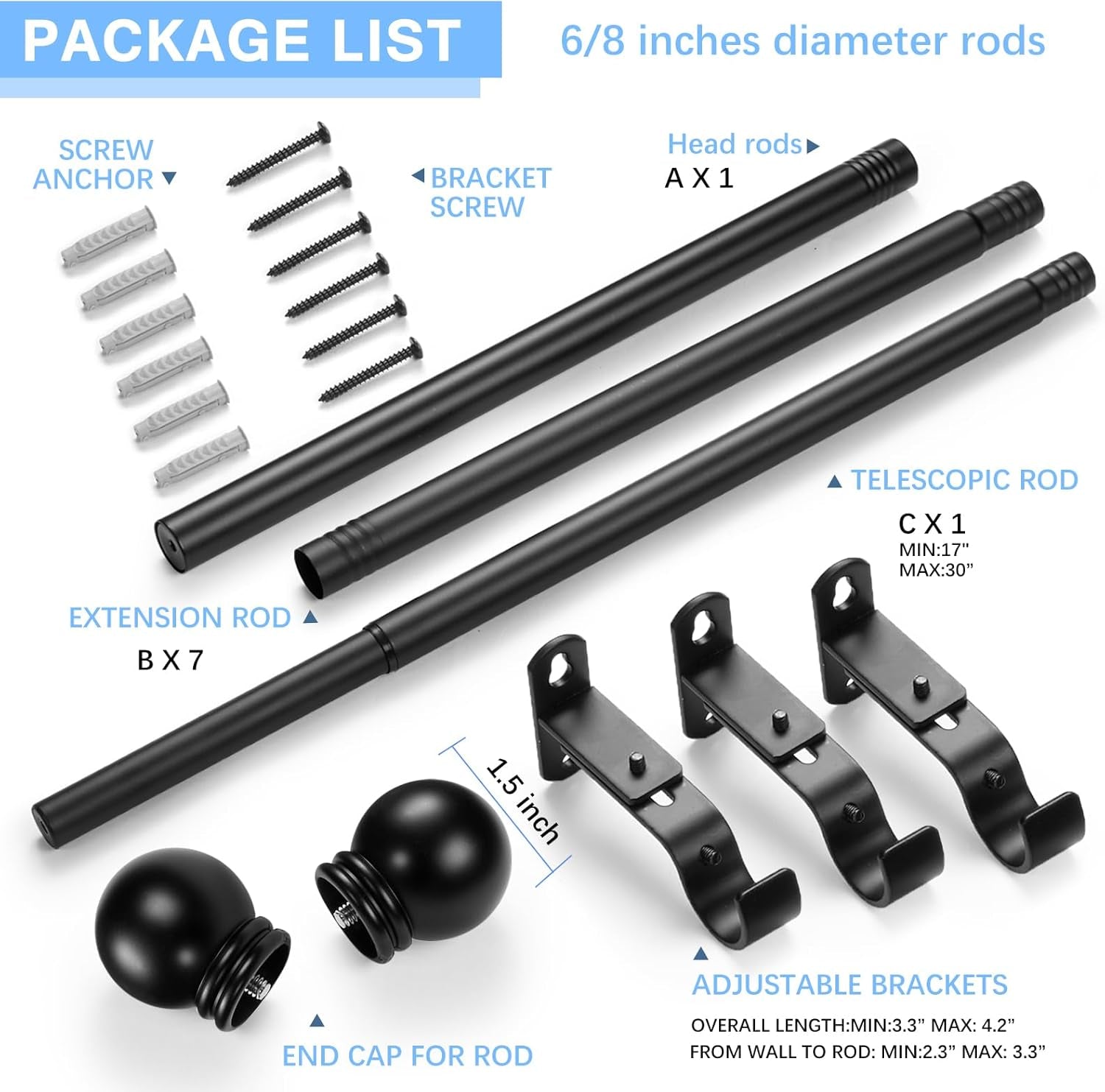 Curtain Rods for Windows 16 to 136 Inches, Curtain Rod Max Adjustable Length of 144 IN, 6/8" Diameter Drapery Rods round Finials, Black