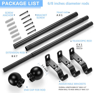 Curtain Rods for Windows 16 to 136 Inches, Curtain Rod Max Adjustable Length of 144 IN, 6/8" Diameter Drapery Rods round Finials, Black