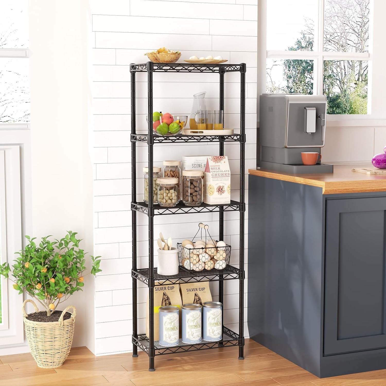 5 Tier Shelf Wire Shelving Adjustable Storage Shelves Rack Standing Units for Kitchen Closet Laundry Bathroom Organizers Metal Pantry Narrow Mesh Gaps 10" D X 16" W X 55" H Black