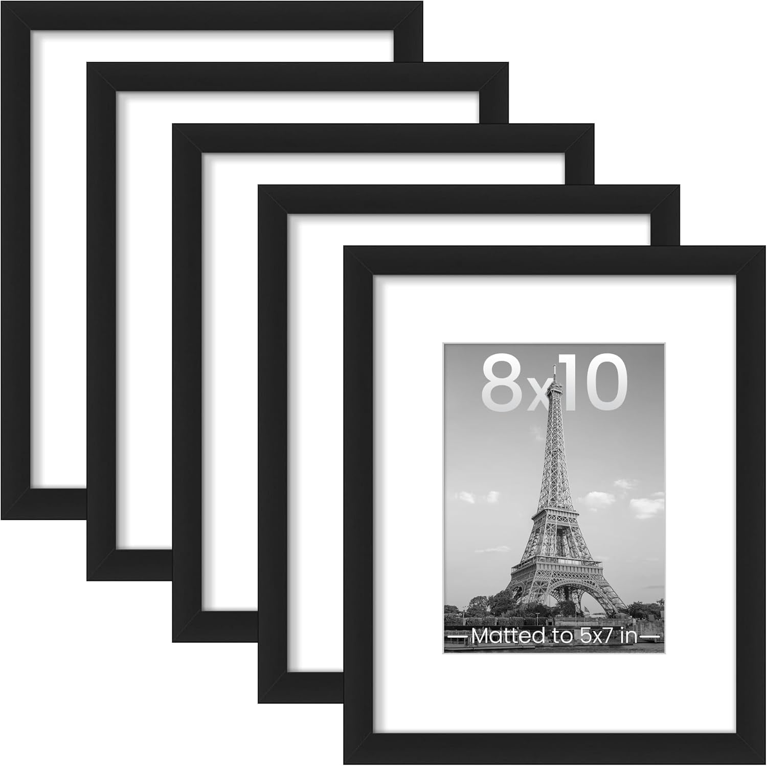 8X10 Picture Frame Set of 5, Display Pictures 5X7 with Mat or 8 X 10 Without, Wall Gallery Photo Frames, Black