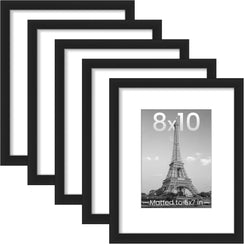8X10 Picture Frame Set of 5, Display Pictures 5X7 with Mat or 8 X 10 Without, Wall Gallery Photo Frames, Black