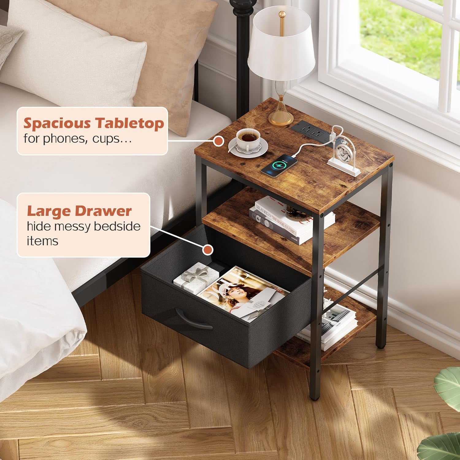 Nightstand with Charging Station, Bed Side Table with Adjustable Fabric Drawer, Night Stand for Bedroom, 3-Tier Storage End Table, for Living Room, Rustic Brown and Black