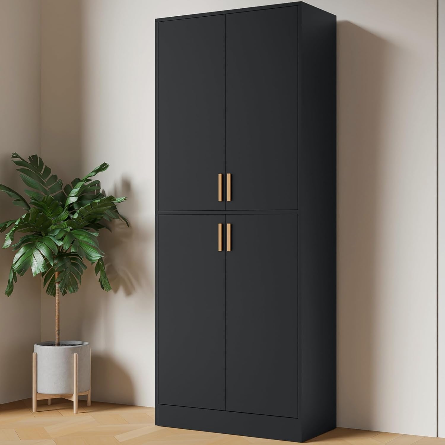 Kitchen Pantry Cabinet, 71" Tall Wood Storage Cabinet with Doors and Shelves 4 Doors Freestanding Cupboard Utility Hutch for Dining Room Living Room Bathroom Furniture, Black