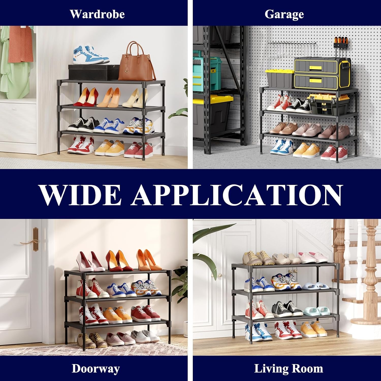 Shoe Rack - Premium Non-Woven Shoe Rack Shelf, Shoe Organizer for Closet, Entryway, Garage & Corridor, Sturdy & Durable Long Stackable Shoe Shelves, Medium, Black