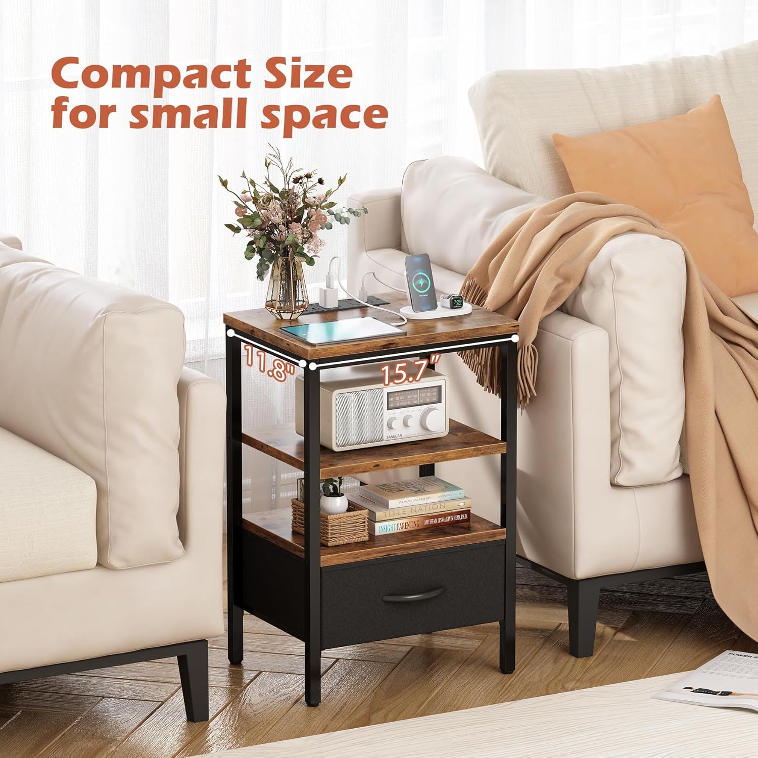 Nightstand with Charging Station, Bed Side Table with Adjustable Fabric Drawer, Night Stand for Bedroom, 3-Tier Storage End Table, for Living Room, Rustic Brown and Black