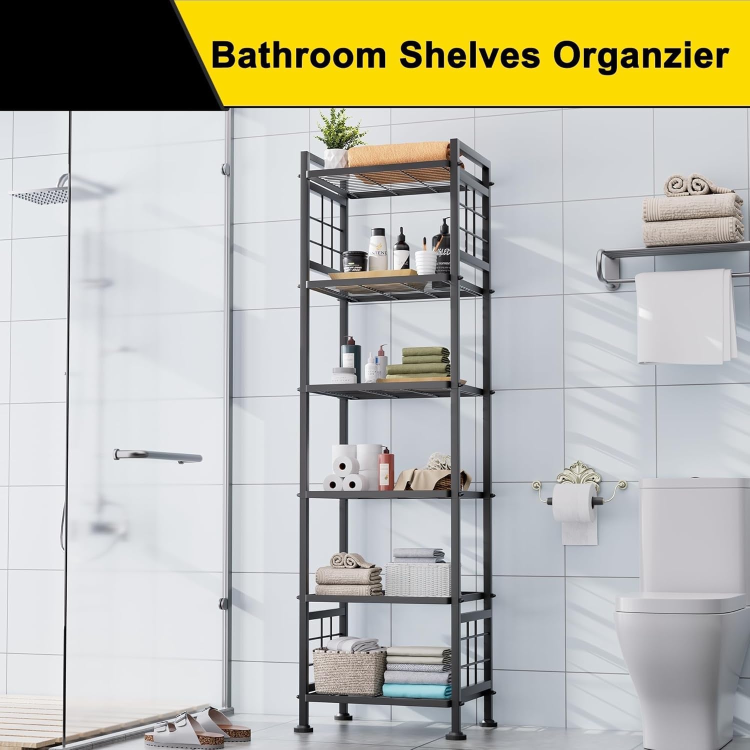 6-Wire Standing Storage Shelf, Metal Shelving Unit Pantry Rack for Laundry Kitchen Bathroom Organizer(Black)