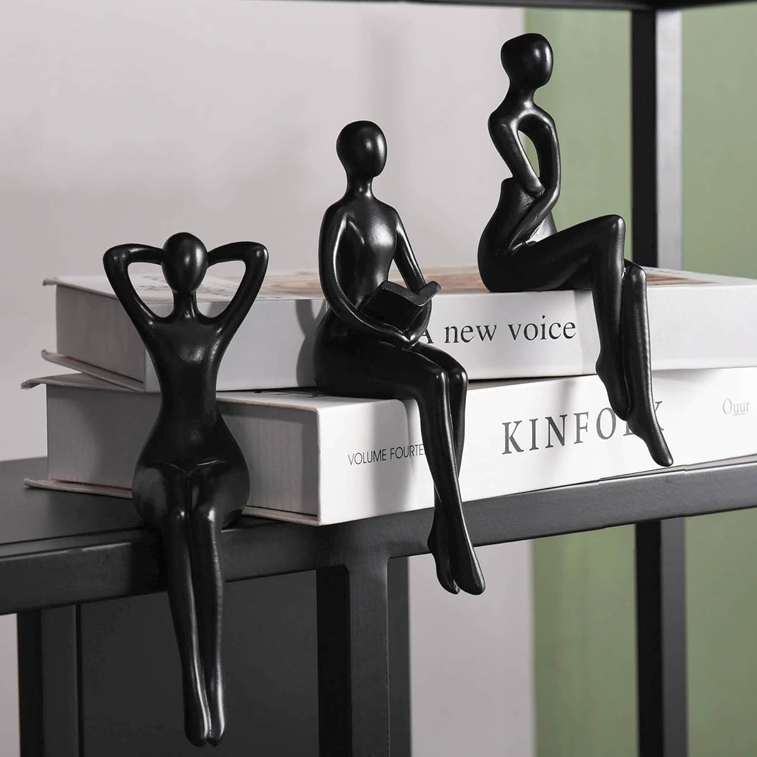 Black Decor Thinker Statue Book Shelf Decor, Minimalist Modern Home Decor Collectable Figurines Office Decor Desk Decor Unique Coffee Table Decorations for Living Room 3 Piece