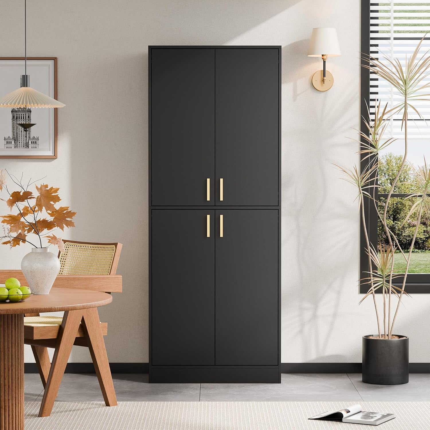 Kitchen Pantry Cabinet, 71" Tall Wood Storage Cabinet with Doors and Shelves 4 Doors Freestanding Cupboard Utility Hutch for Dining Room Living Room Bathroom Furniture, Black