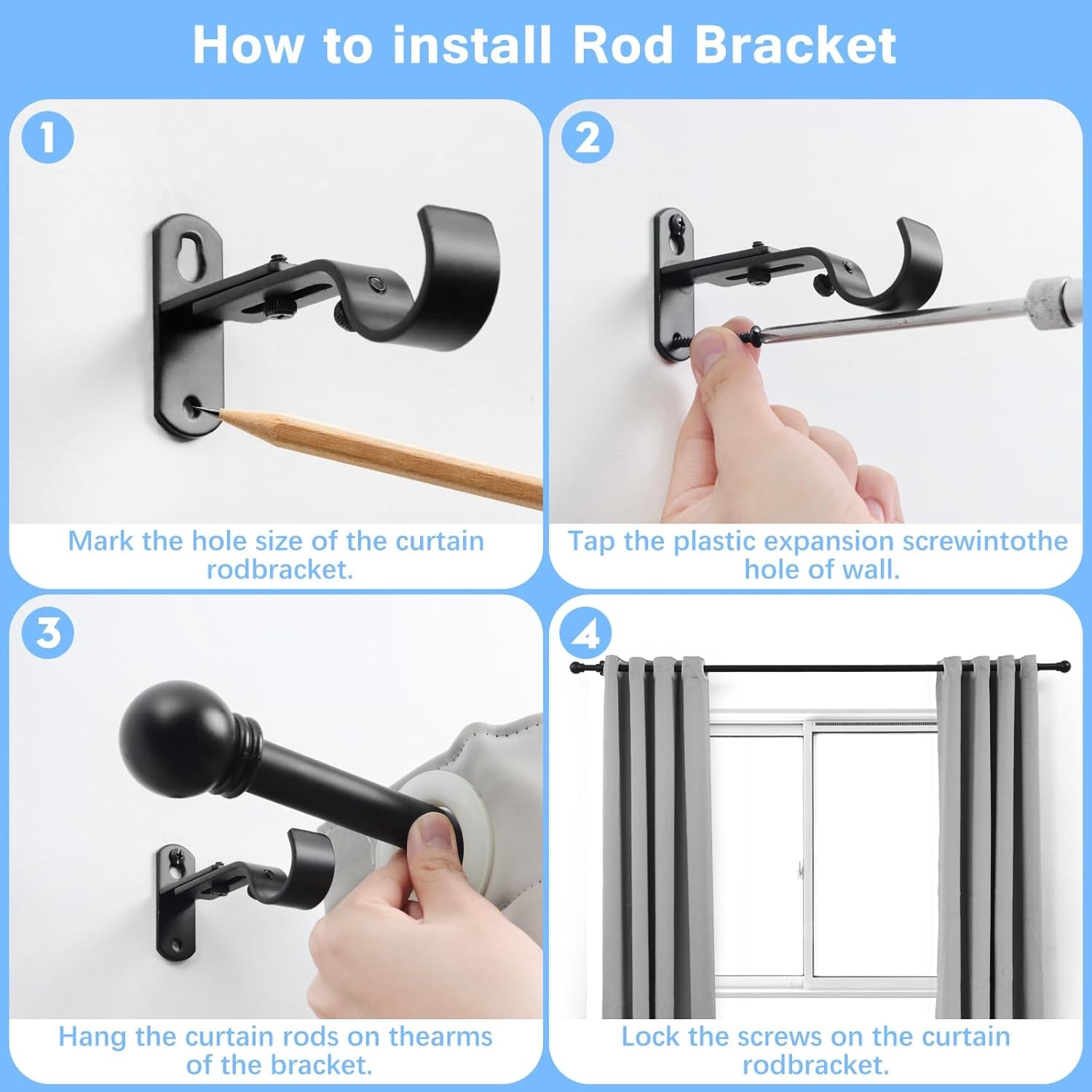 Curtain Rods for Windows 16 to 136 Inches, Curtain Rod Max Adjustable Length of 144 IN, 6/8" Diameter Drapery Rods round Finials, Black