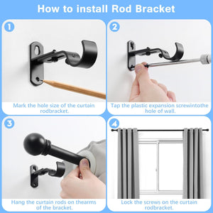 Curtain Rods for Windows 16 to 136 Inches, Curtain Rod Max Adjustable Length of 144 IN, 6/8" Diameter Drapery Rods round Finials, Black